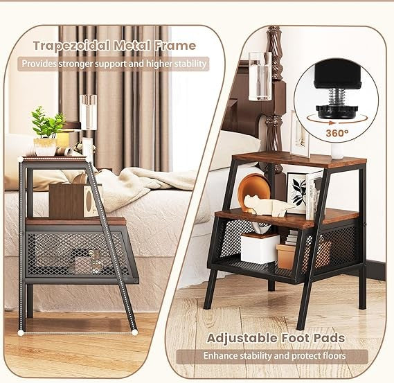 Industrial Bedside Table with Storage Shelves, Mesh Compartment & Wooden Top