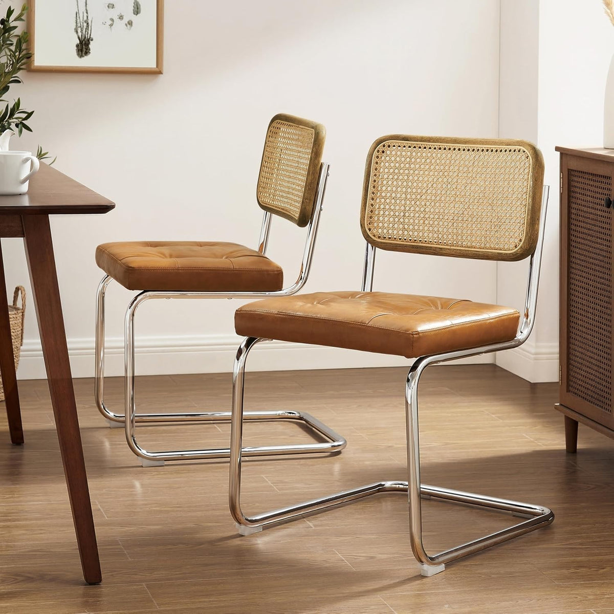 Rattan Dining Chairs Set of 2 Faux Leather Cane Back Kitchen Chairs