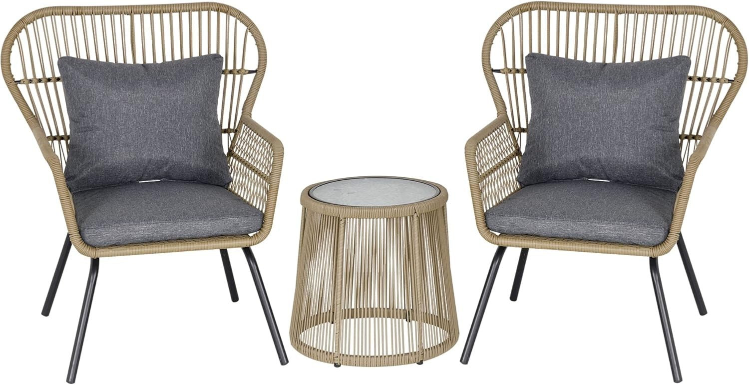 Designer Rattan Bistro Set 3PC Woven Armchairs Glass Table Patio Brown