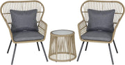 Designer Rattan Bistro Set 3PC Woven Armchairs Glass Table Patio Brown