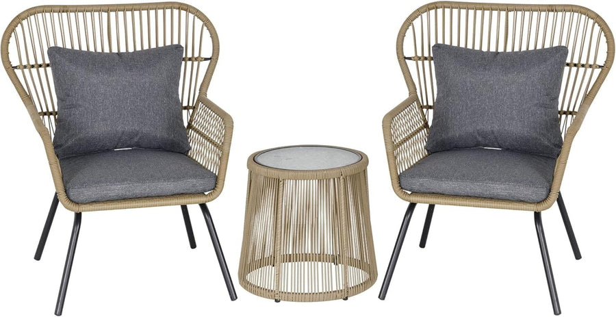 Designer Rattan Bistro Set 3PC Woven Armchairs Glass Table Patio Brown