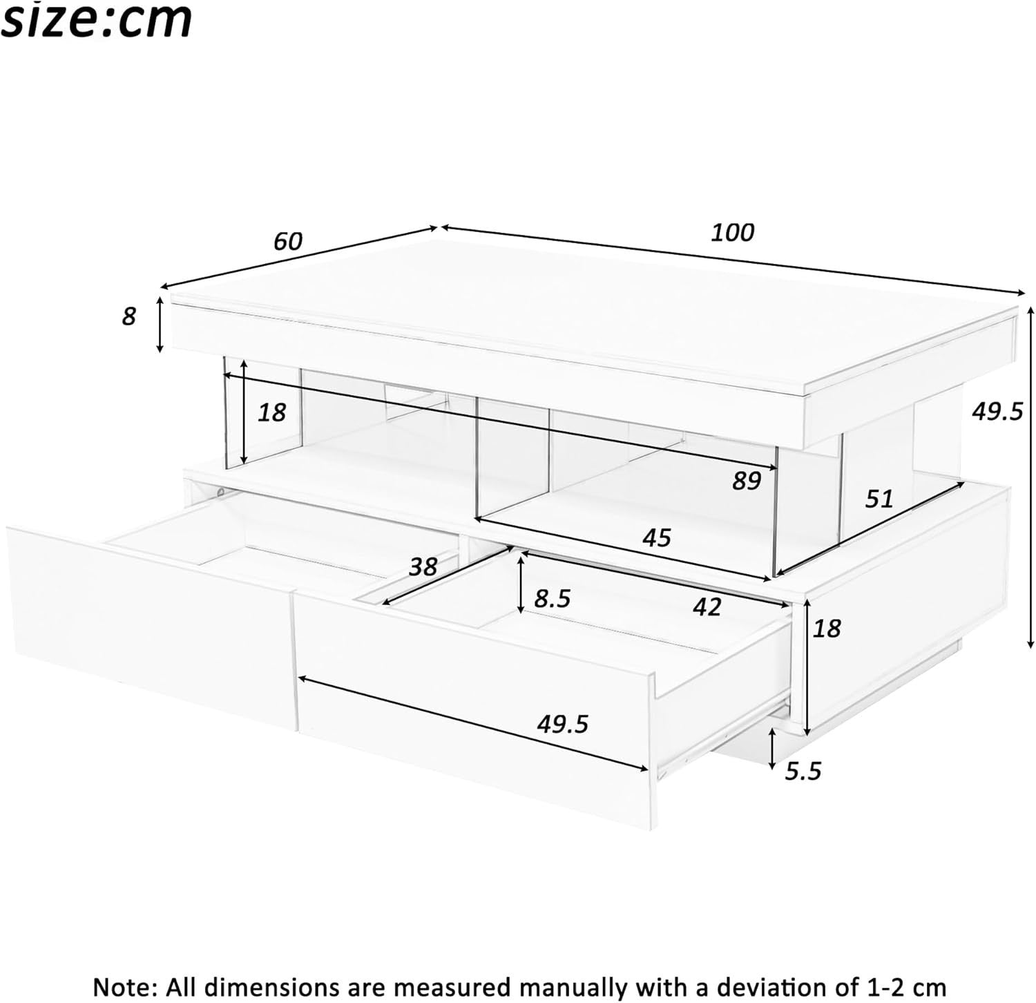 White LED Coffee Table with 2 Drawers & Open Storage, High Gloss 100x60cm