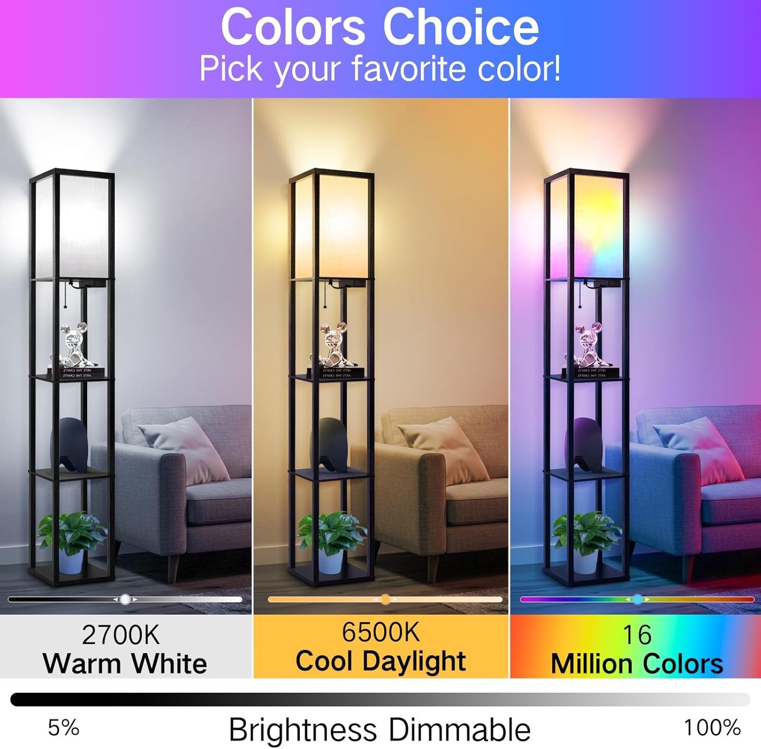 RGB Floor Lamp with Shelves App Remote Smart LED Standing Light Black
