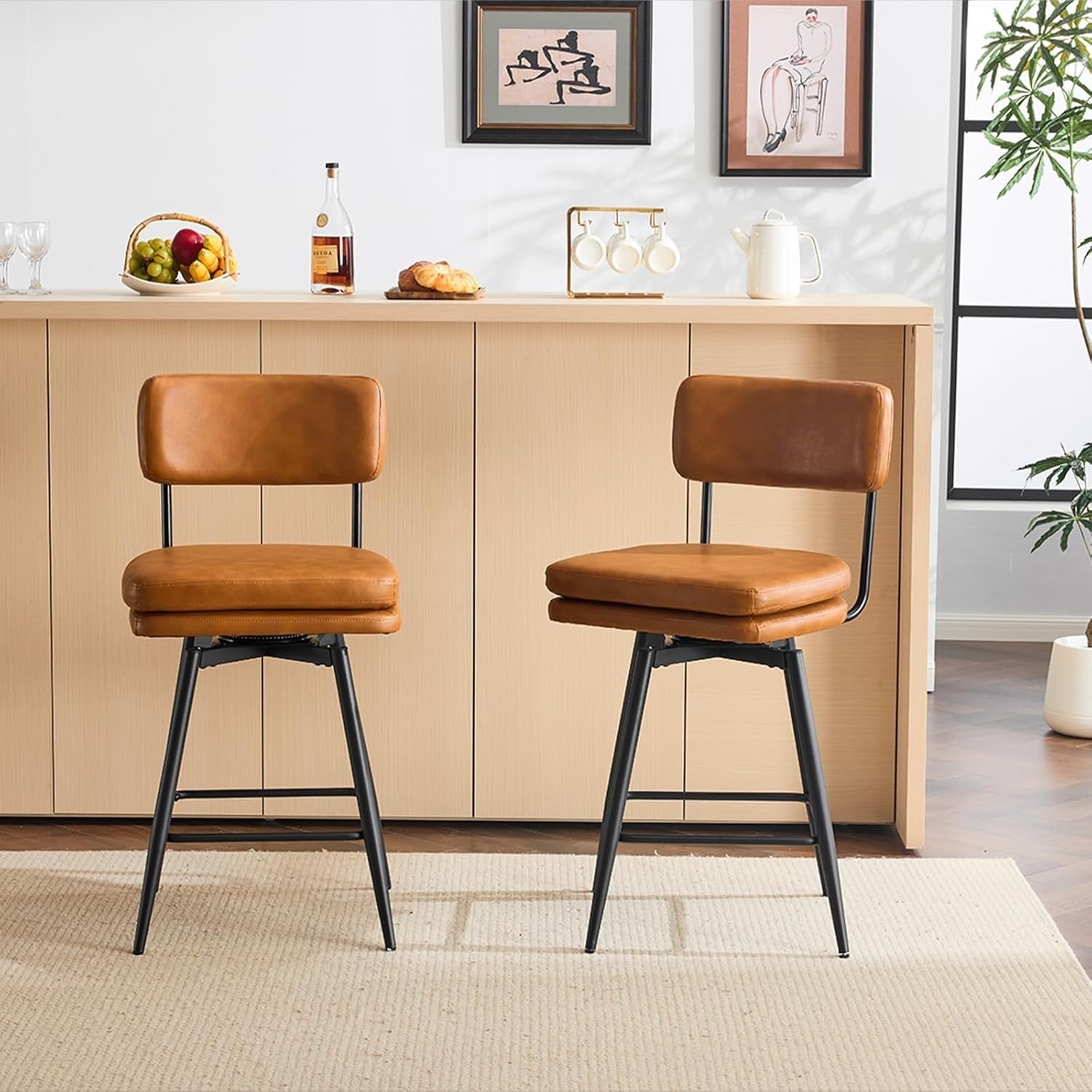 360° Swivel Bar Stools Set of 2 | Brown PU Leather Counter Chairs