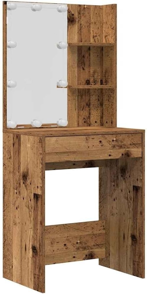 LED Vanity Set Dressing Table Mirror Stool Old Wood Makeup Desk Storage Drawers