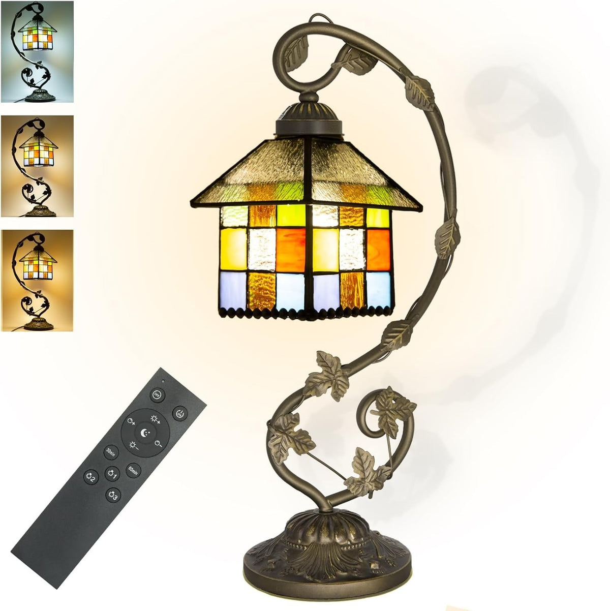 Adjustable Stained Glass Table Lamp with Remote, Dimmable & LED Bulb