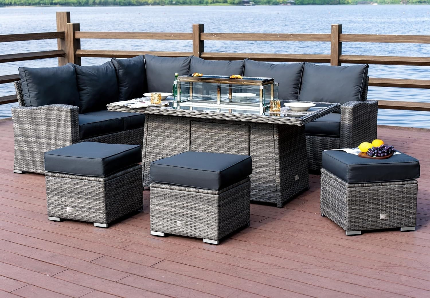 9 Seater Outdoor Rattan Garden Sofa Set with Fire Table & Rain Cover Dark Grey