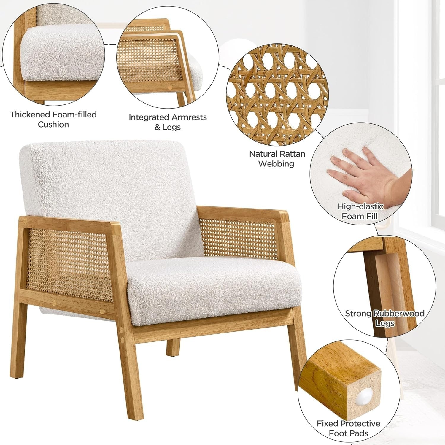 Set of 2 Ivory Modern Accent Chairs with Rattan Arms | Plush Boucle Fabric