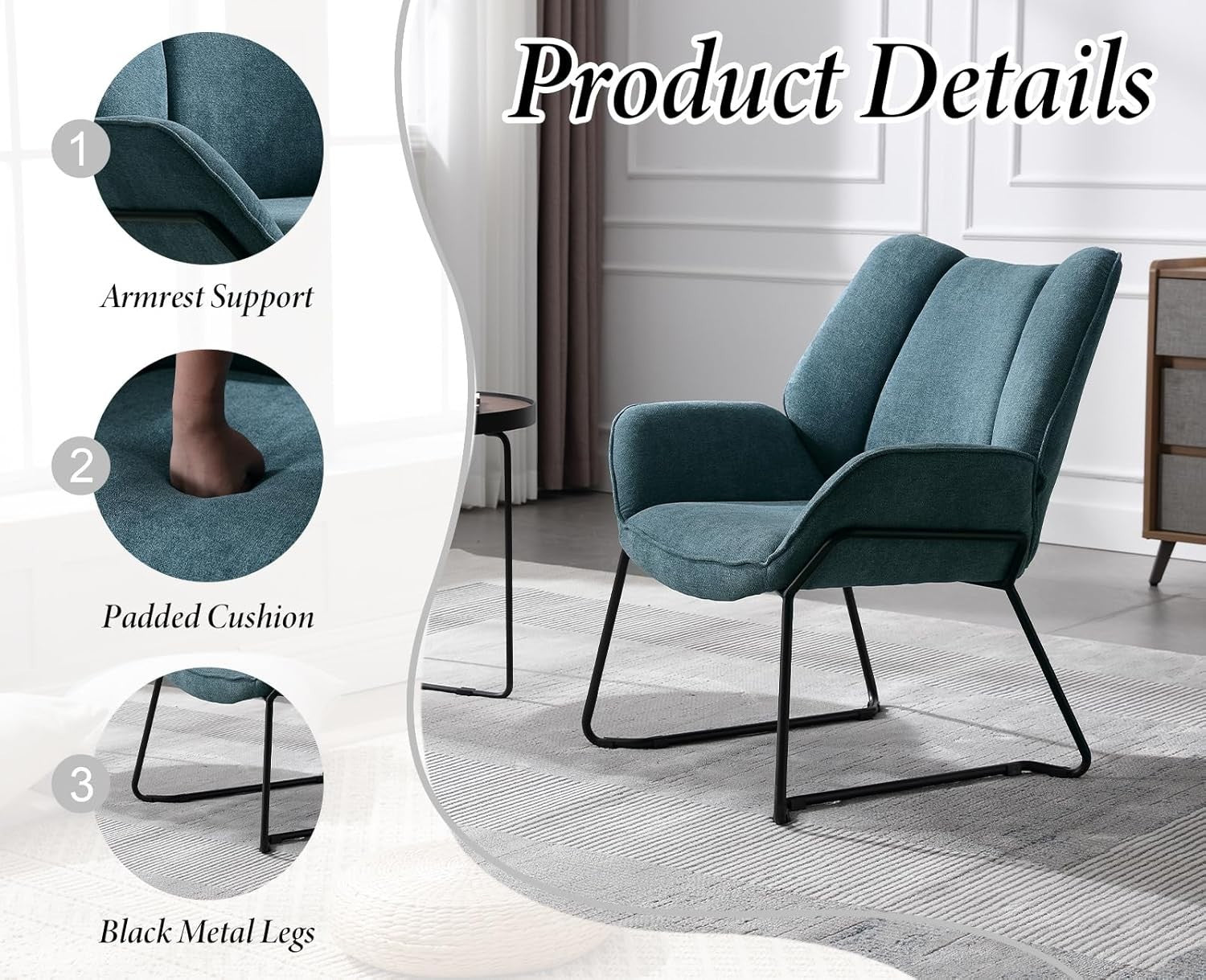 Blue Chenille Accent Tub Chair Metal Legs Armchair for Lounge Bedroom