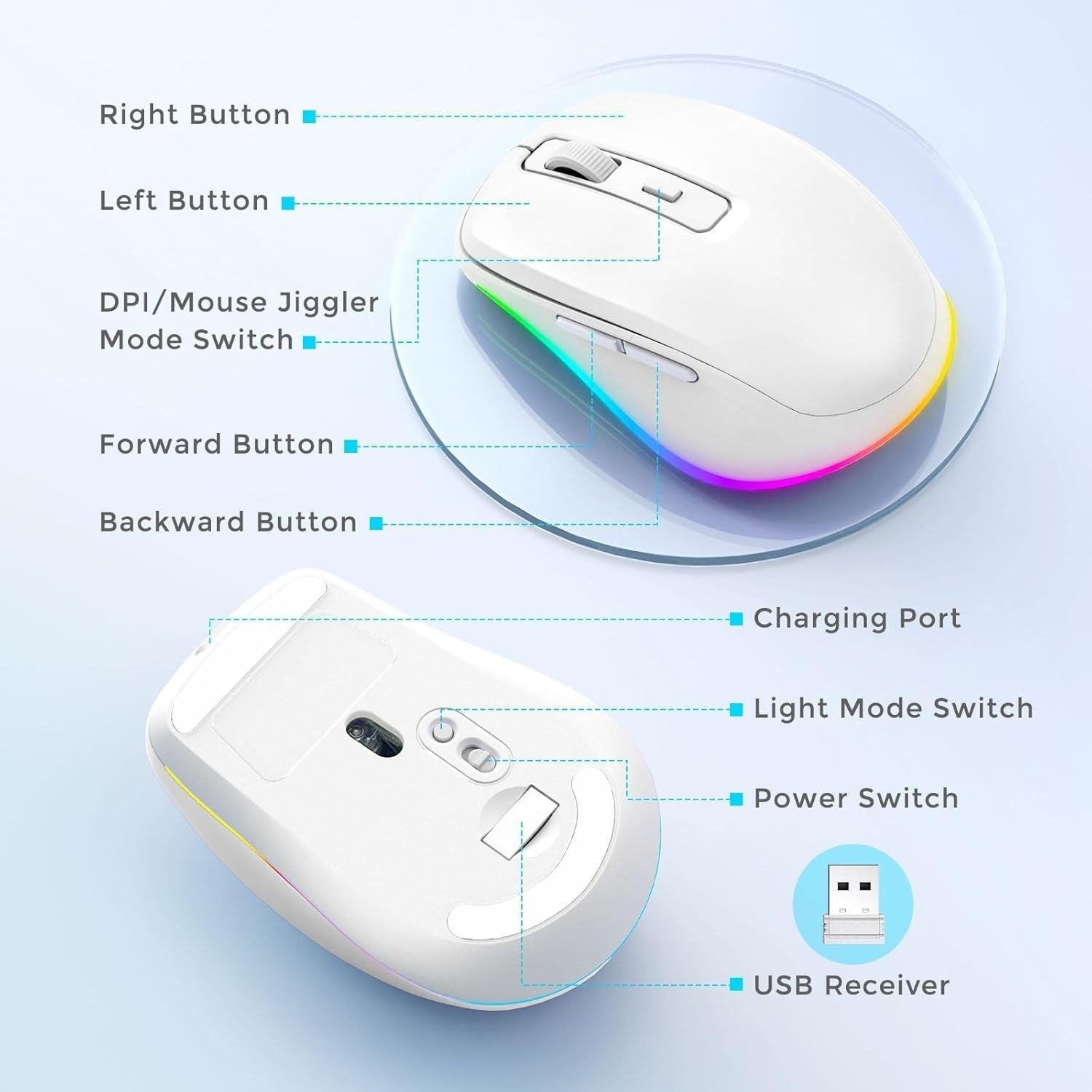 White RGB Wireless Mouse Rechargeable Silent USB Jiggler Mode