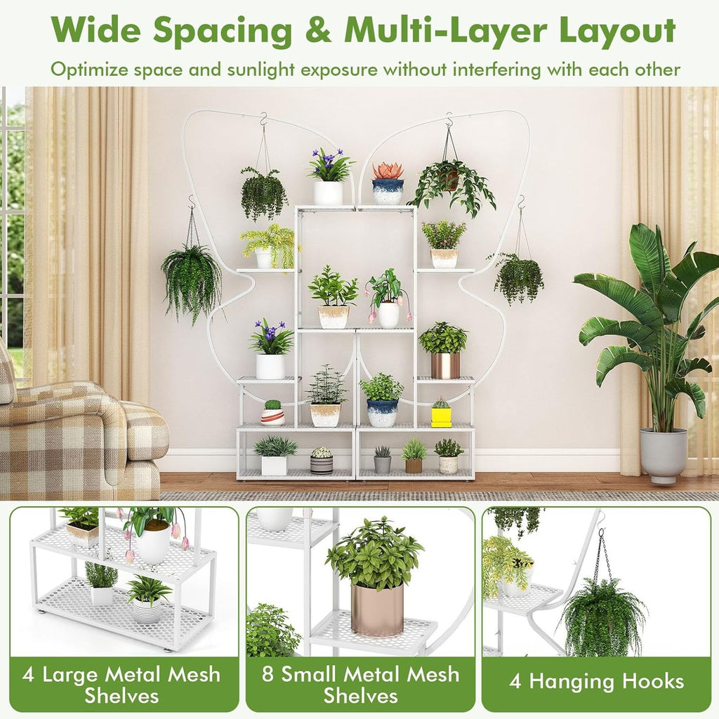 6 Tier White Metal Plant Stand Butterfly Shape Tall Indoor Outdoor Flower Shelf