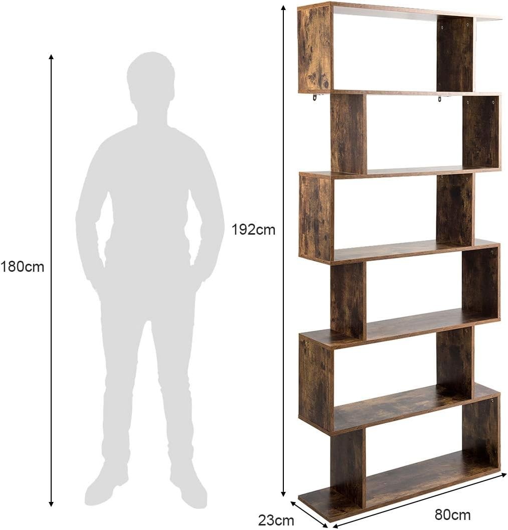 S Shaped 6 Tier Wooden Bookcase Freestanding Display Storage Shelf Rustic Brown