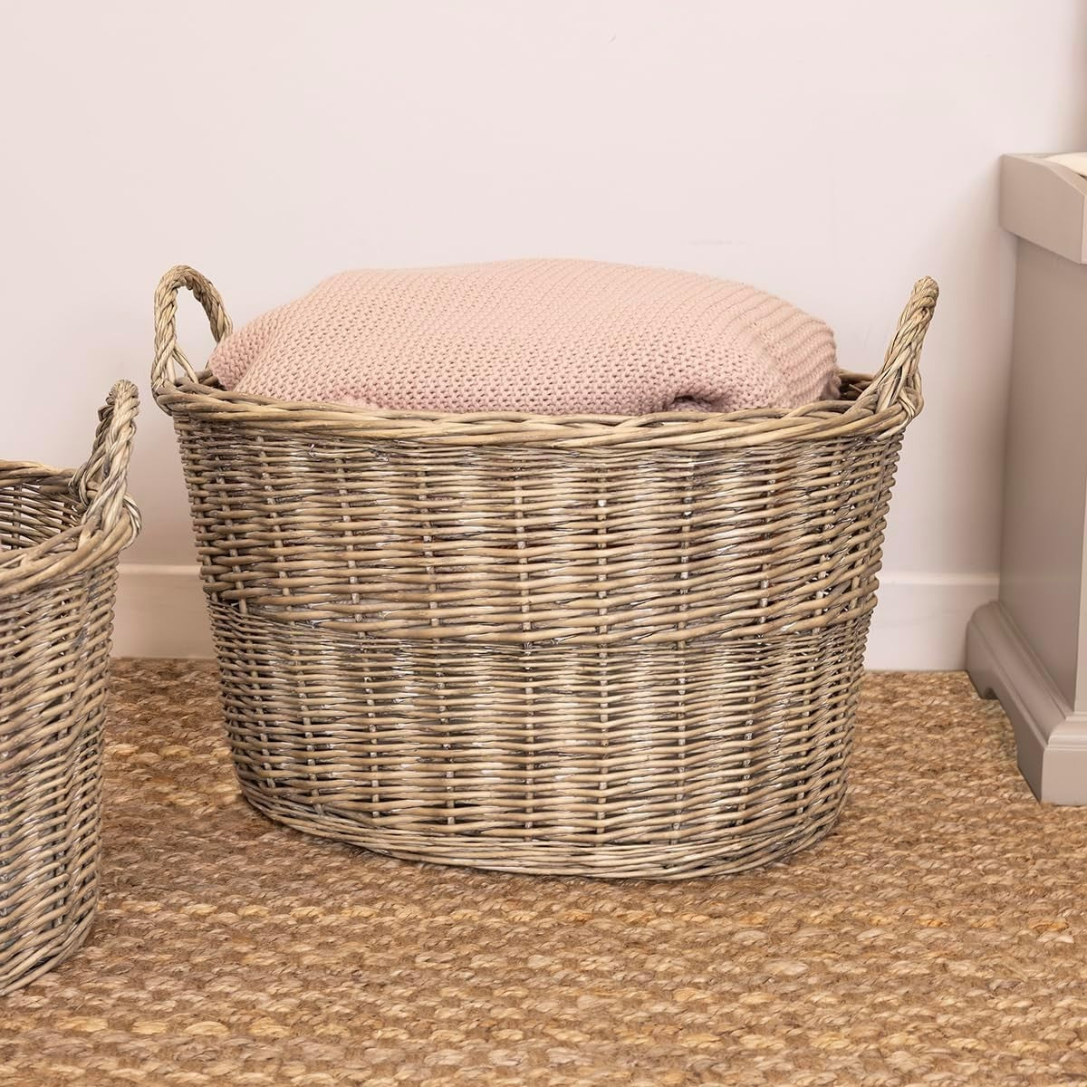 Oval Wicker Log Basket Set, Nesting Storage Baskets with Carry Handles, Durable