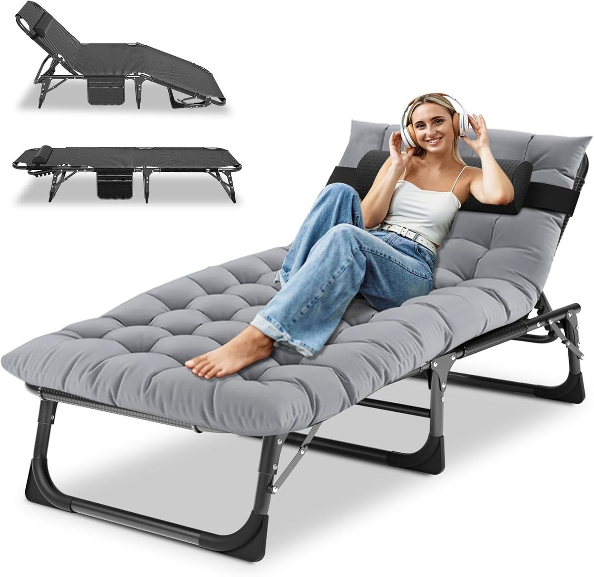 Adjustable Folding Sun Lounger with Cushion & Headrest, Portable Camping Bed