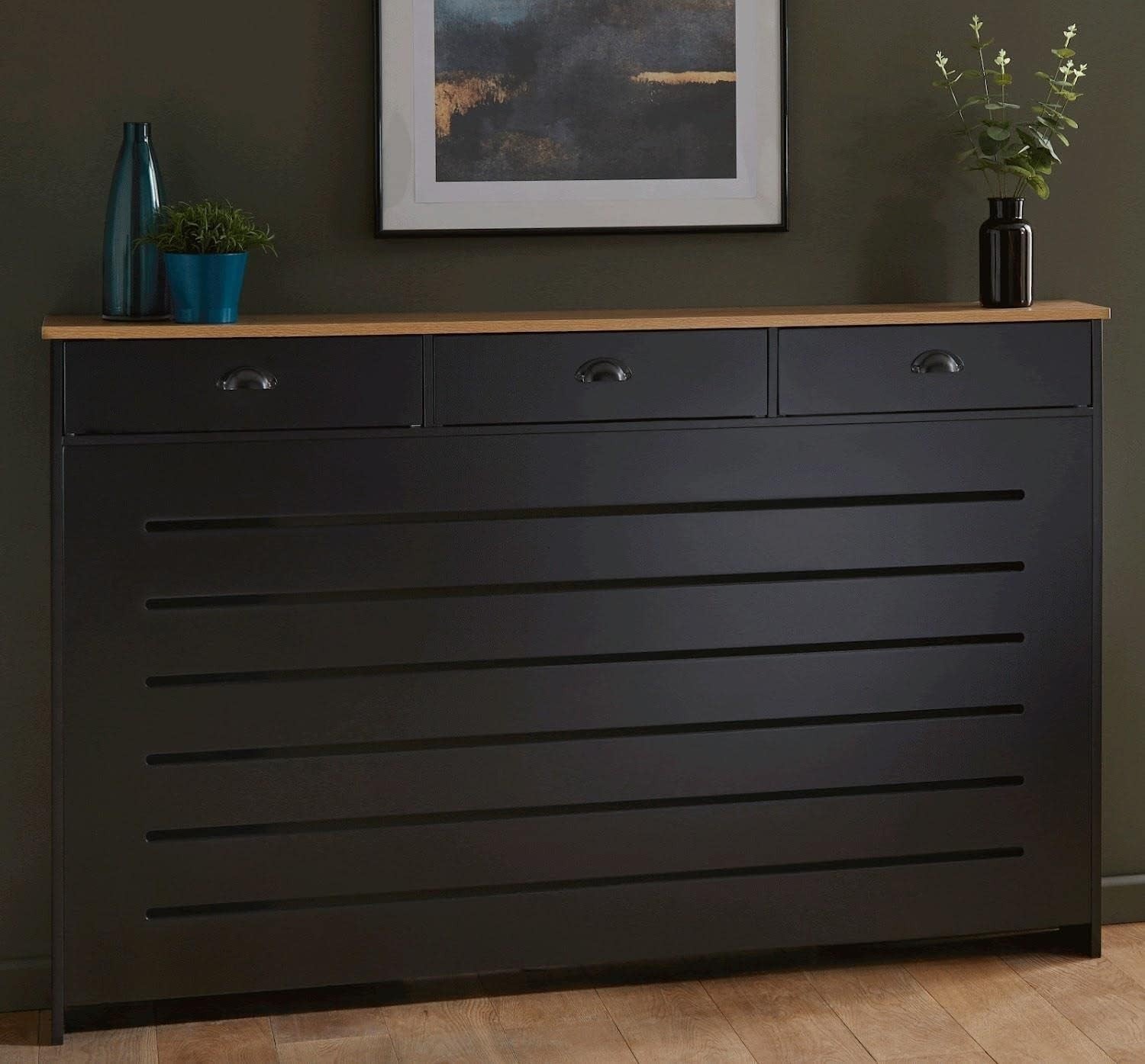 Black Radiator Cover 150x19x96cm Modern MDF Heating Cabinet | 3 Drawer Slatted