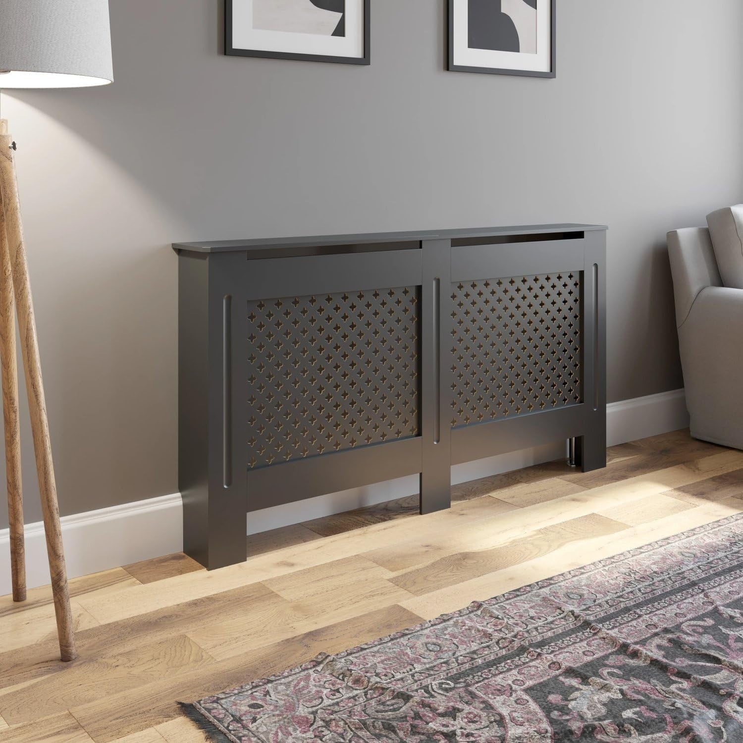 Modern Anthracite Radiator Cover Diamond Cross Pattern MDF Cabinet Large