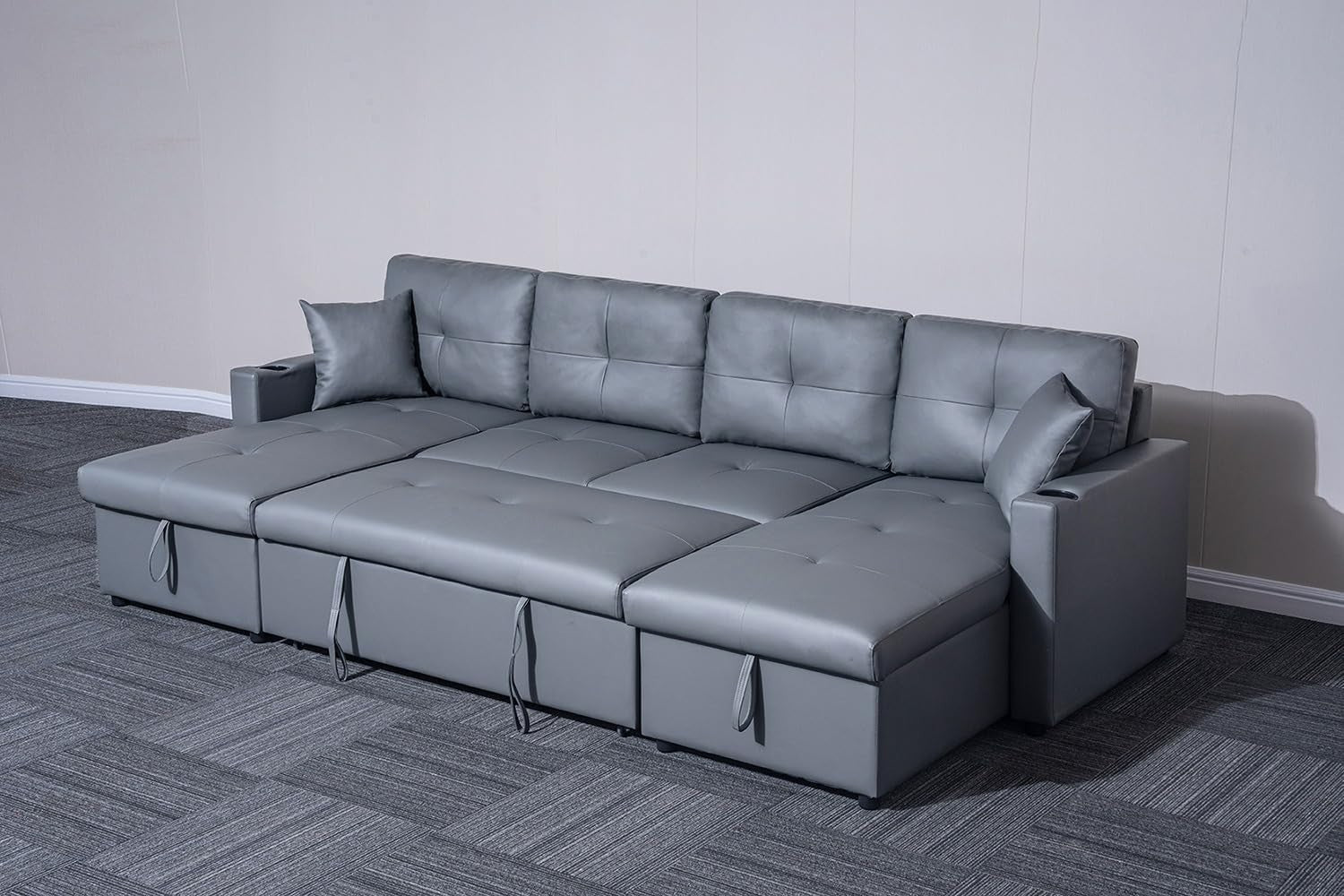 Grey Bonded Leather U-Shaped 4 Seater Sofa Bed with Storage & Pull-Out