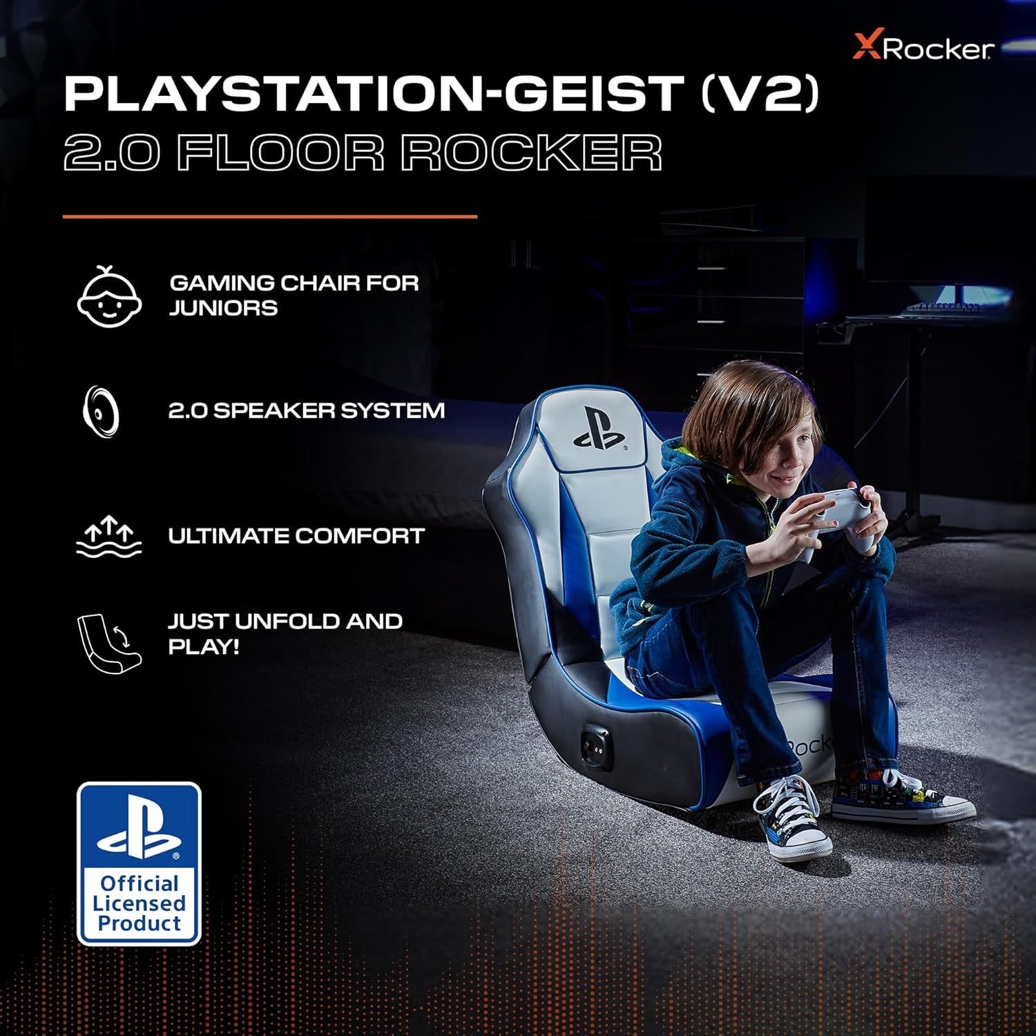 Floor Rocker Gaming Chair w/ Speakers Foldable White Blue