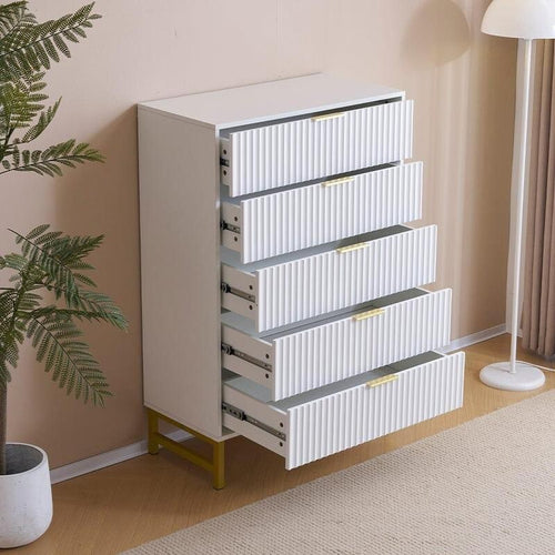 Modern White 5 Drawer Chest with Gold Legs – Bedroom Living Room Storage