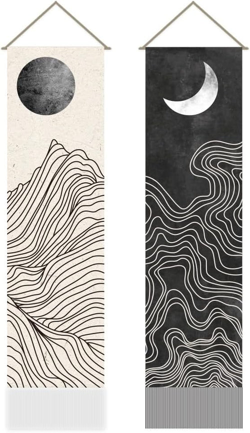 Boho Sun Moon Tapestry 2pcs 45.7x13in Black White Wall Hanging