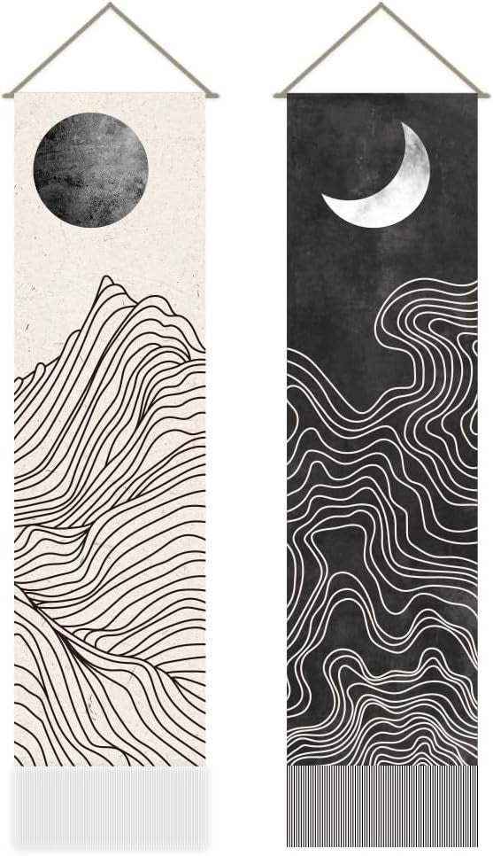 Boho Sun Moon Tapestry 2pcs 45.7x13in Black White Wall Hanging