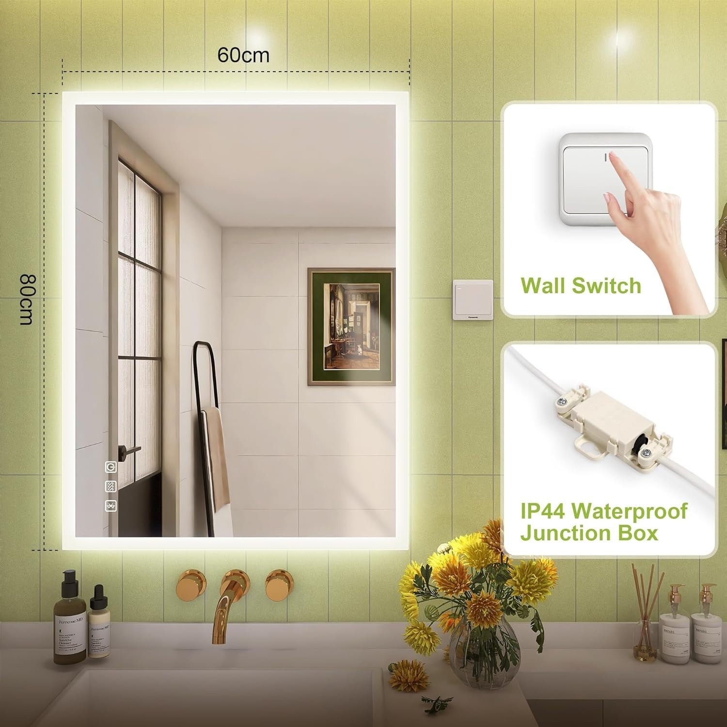 LED Bathroom Wall Mirror 60x80 cm Bluetooth, Dimmable, Anti-Fog, Memory