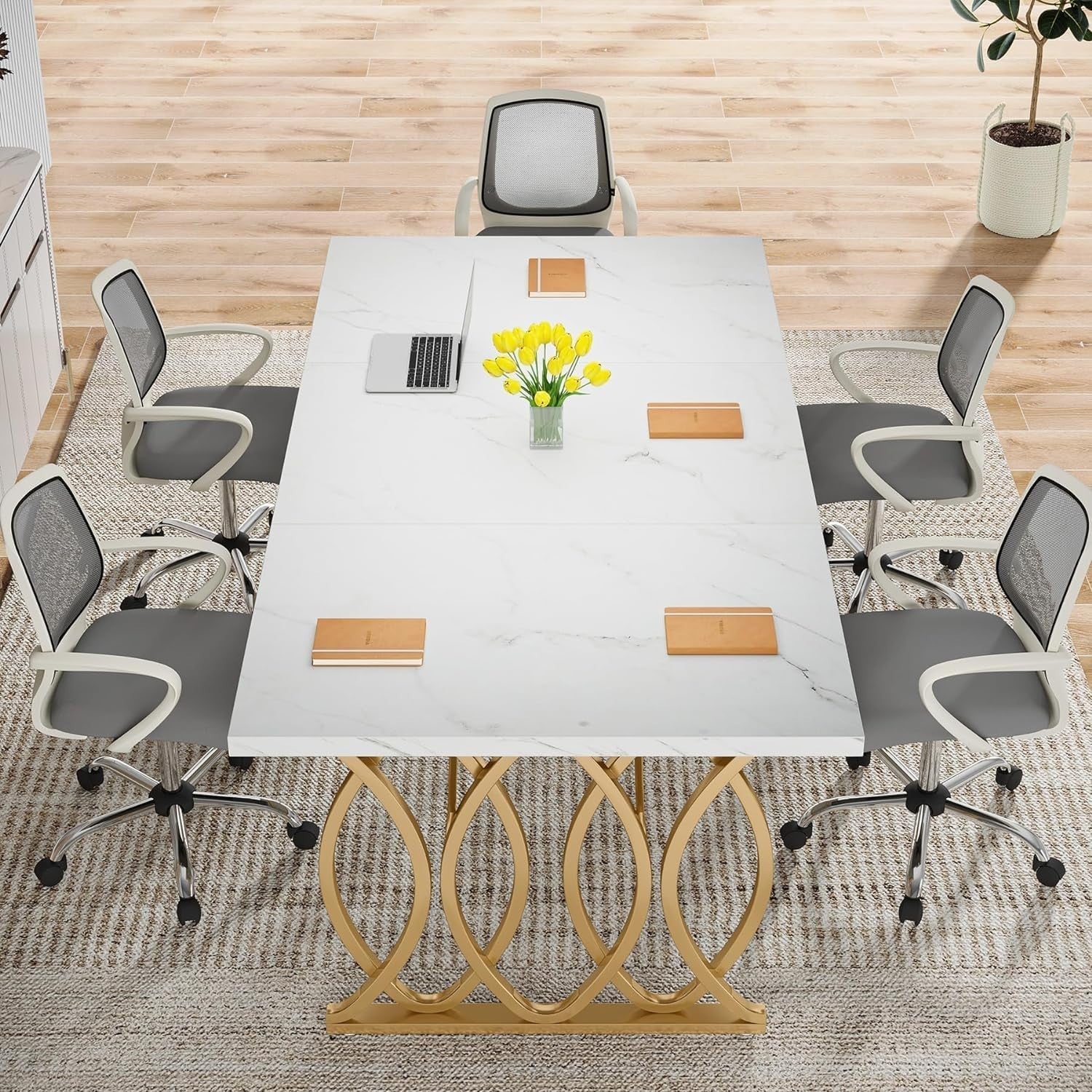 White & Gold Executive Desk 160cm – Large Modern Office Table w/ Storage