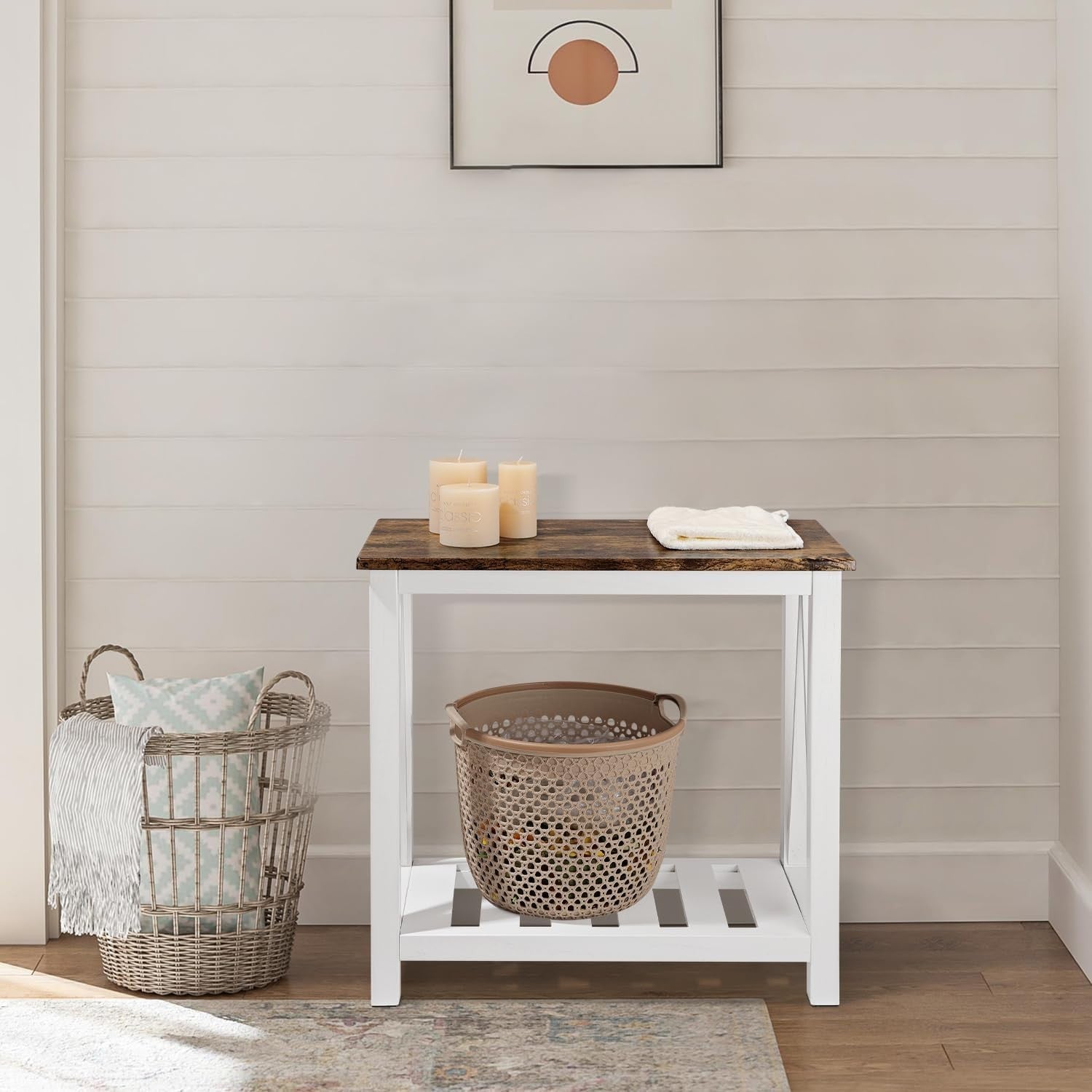 Narrow Brown & White Side Table with Storage Shelf, Rustic Nightstand