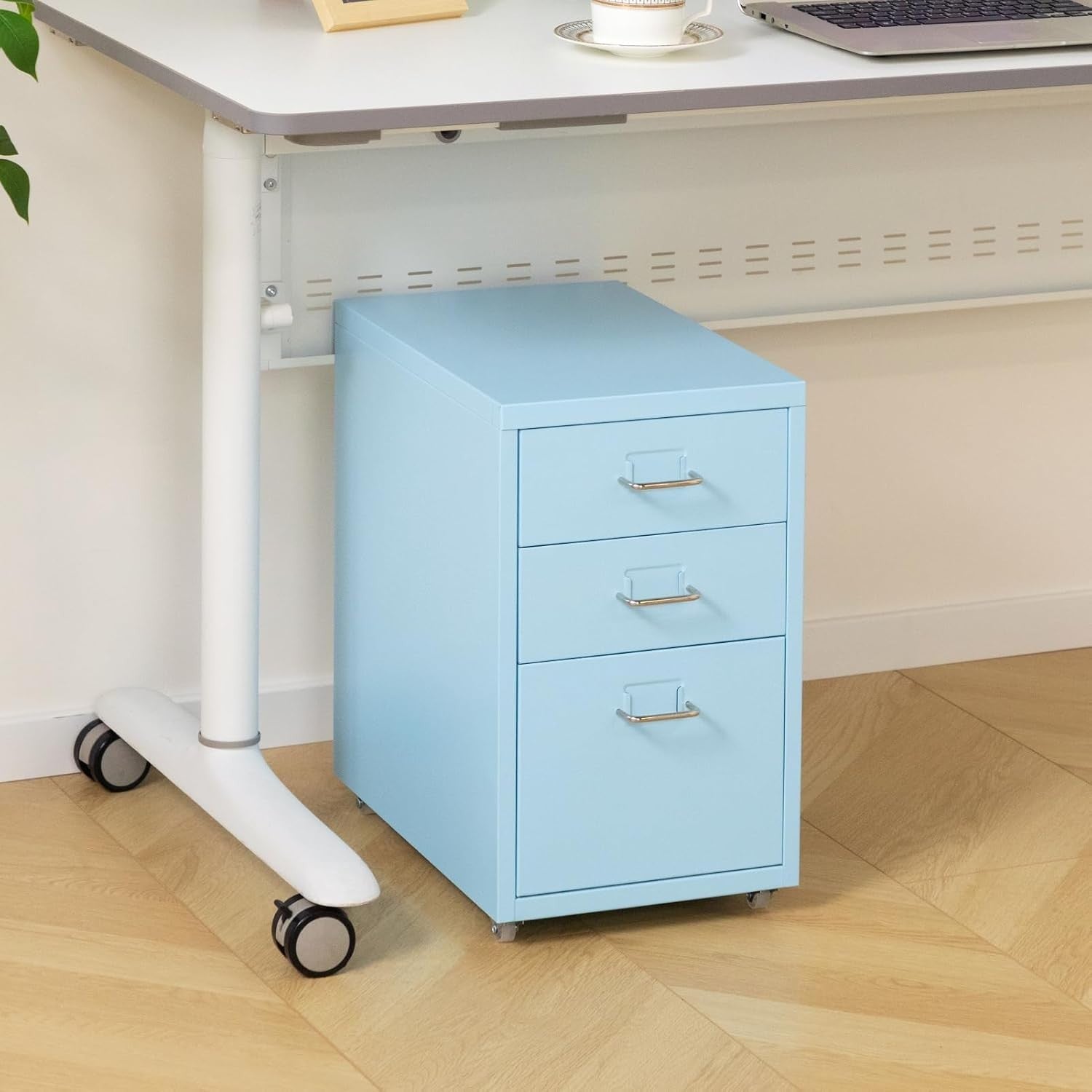 Light Blue Metal Rolling Drawer Unit 3 Tier Under Desk File Storage