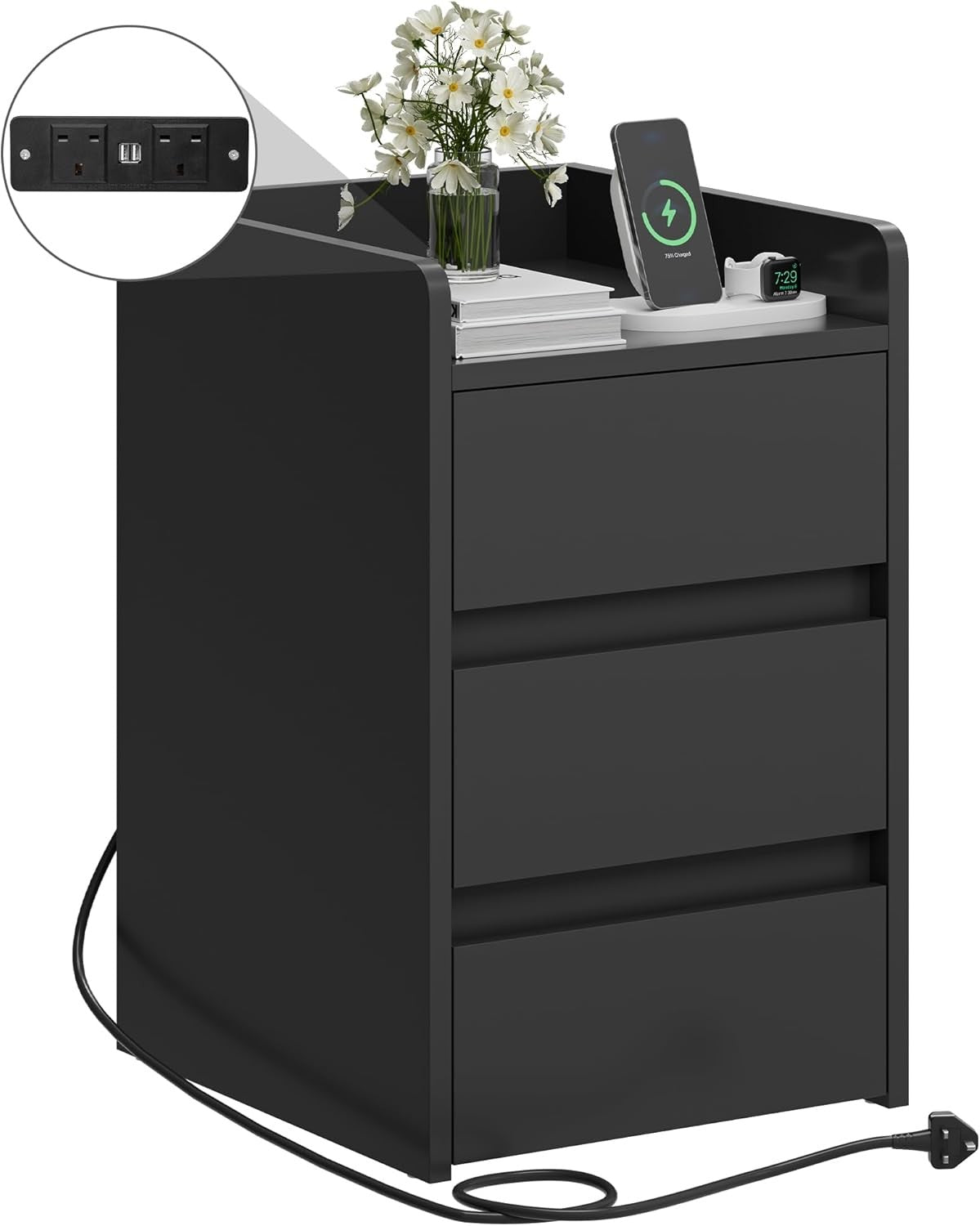 Black Bedside Table with 3 Drawers & Power Station | Modern Nightstand 35×59cm