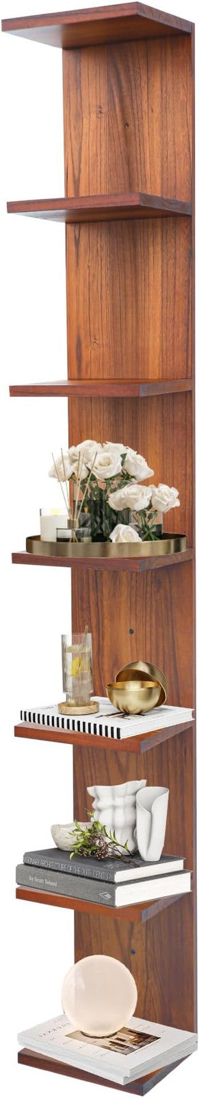 7 Tier Vertical Wall Shelf Slim Wood Display Unit Tall Storage Tower Walnut