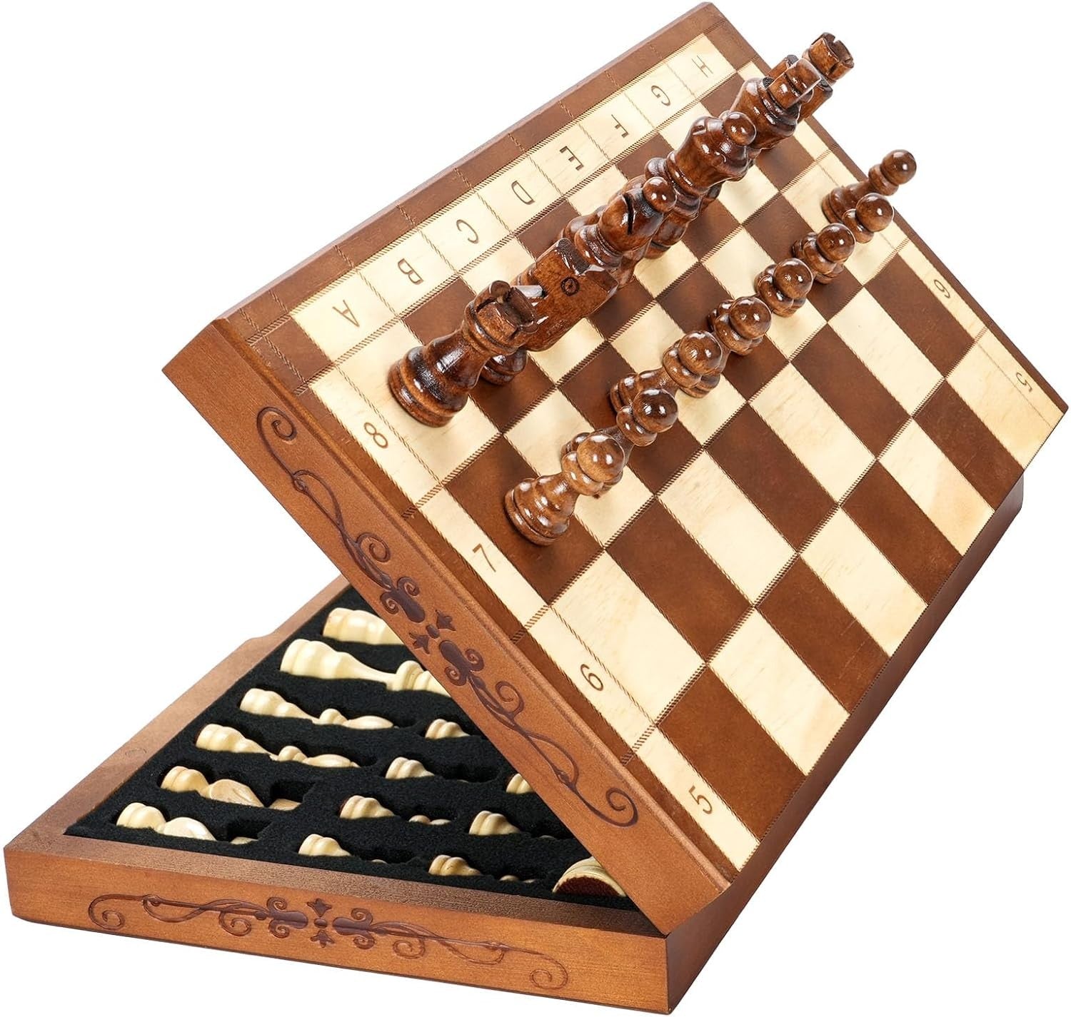 Luxury 15.7" Magnetic Folding Wooden Chess Set with Storage Slots Travel Game