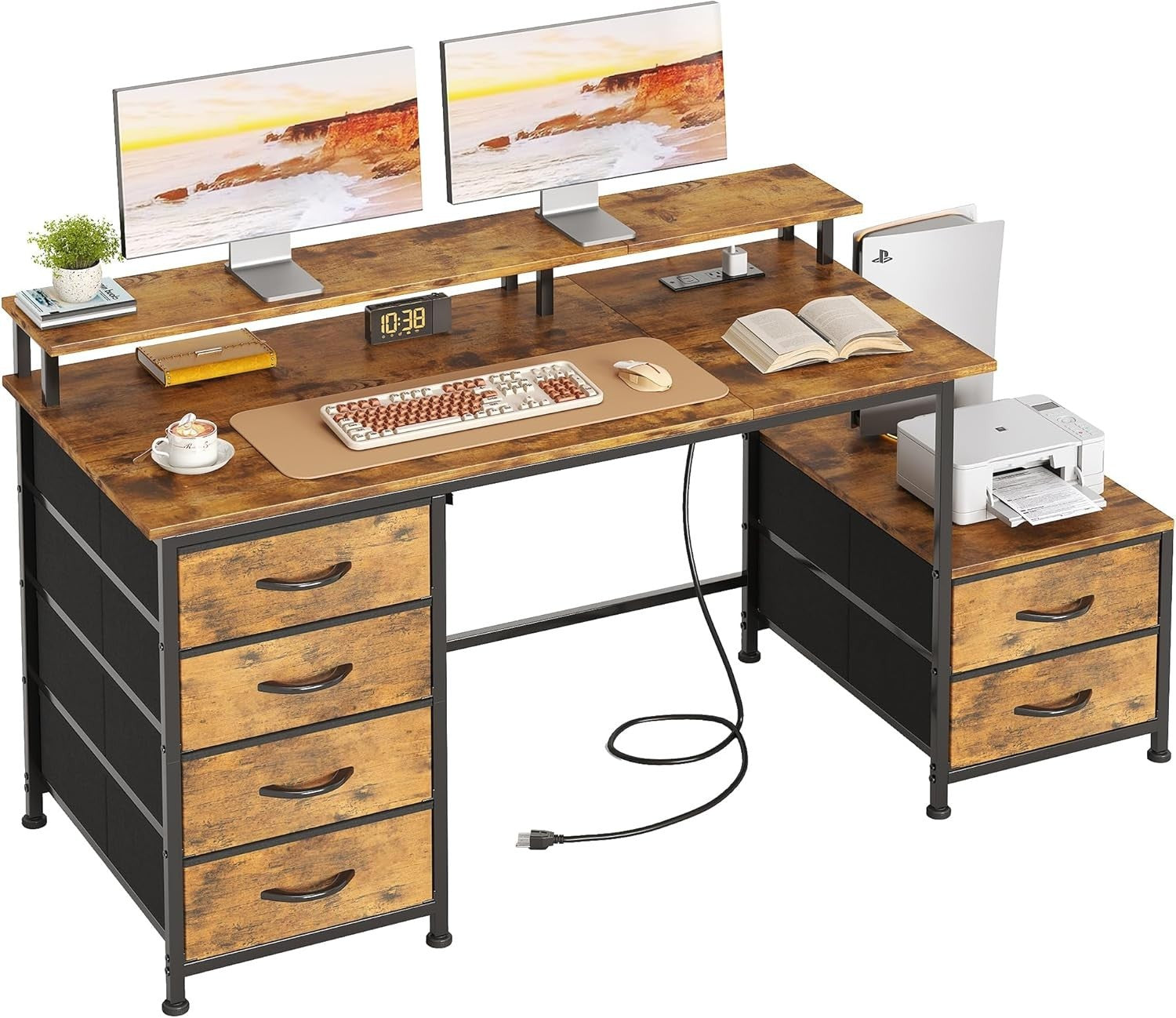 Rustic Brown 128cm Computer Desk with 6 Drawers, USB Ports & Monitor Stand