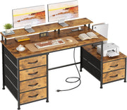 Rustic Brown 128cm Computer Desk with 6 Drawers, USB Ports & Monitor Stand