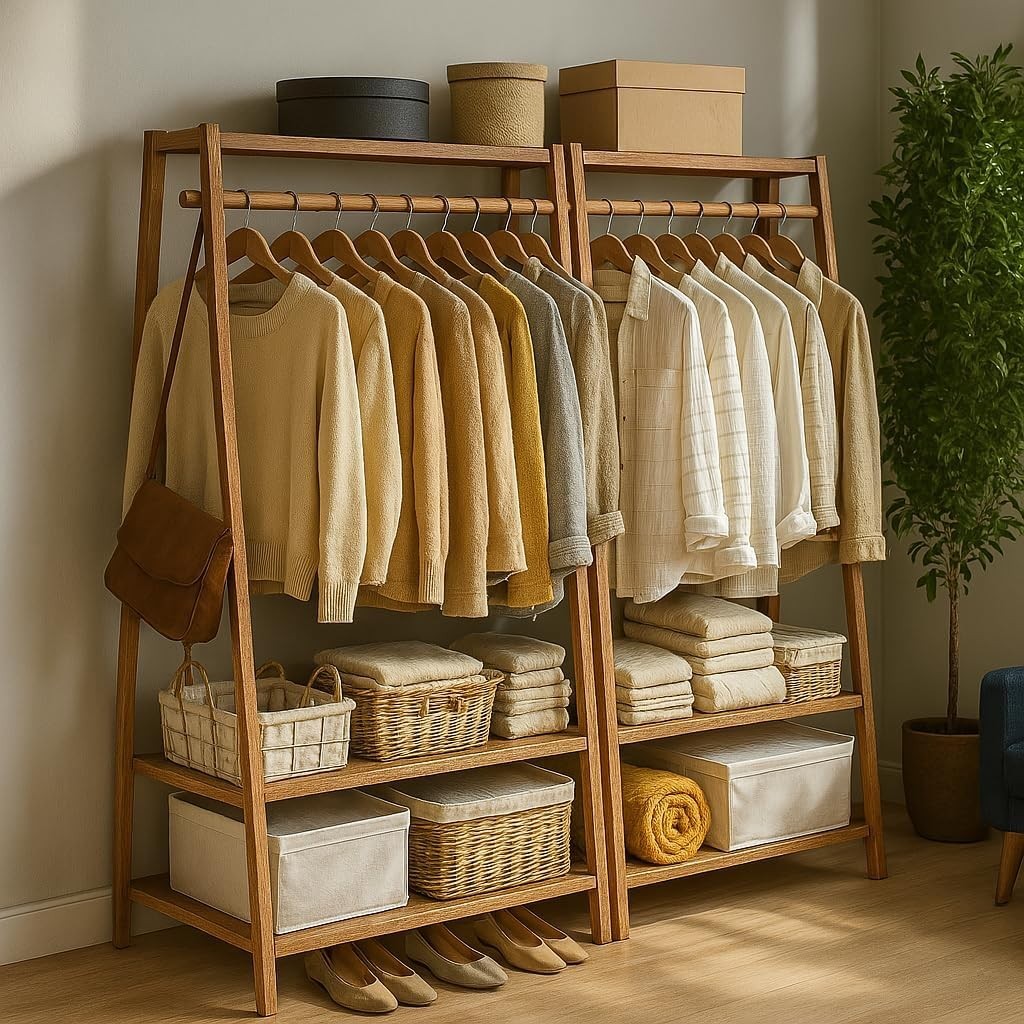Wooden Clothes Rail Bamboo Garment Rack with Shelves