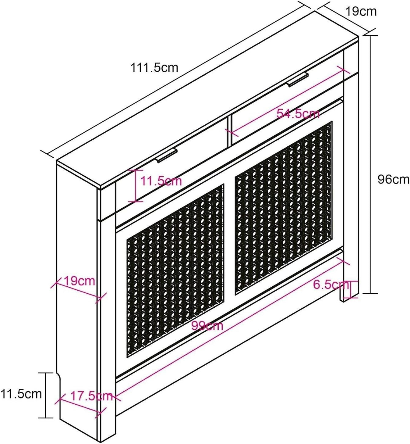 Black Radiator Cover Cabinet with Rattan Panels Storage Drawers & Shelf, Medium