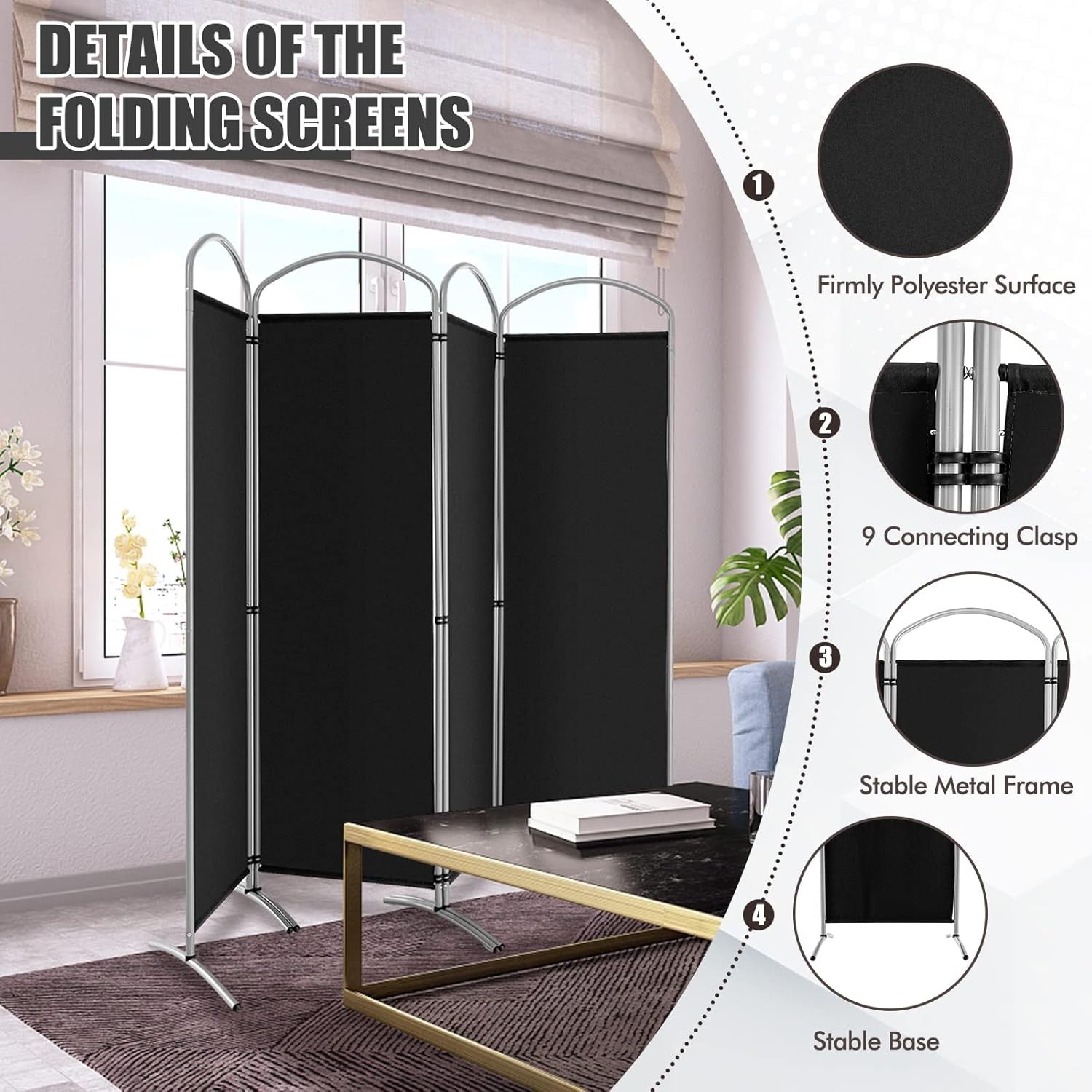 4 Panel Black Folding Room Divider Privacy Screen Partition for Office Bedroom