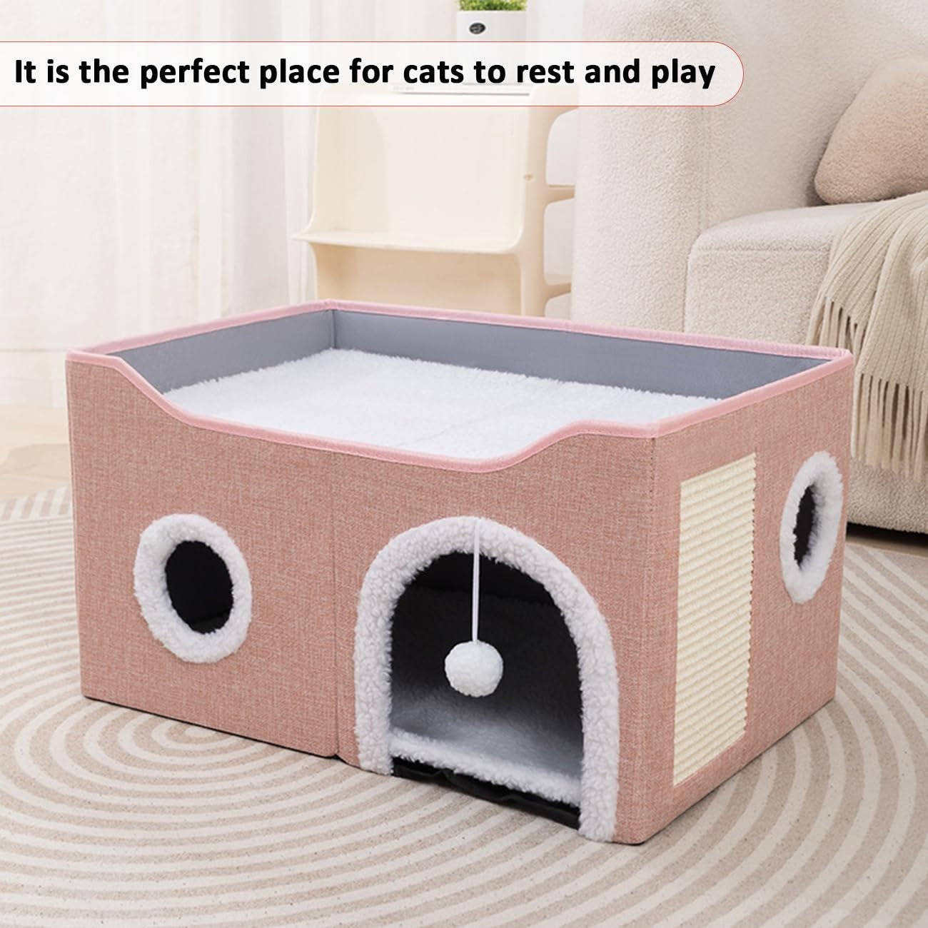 Foldable Cat House Cave Bed 2 Tier Cat Condo w Scratch Board Pink