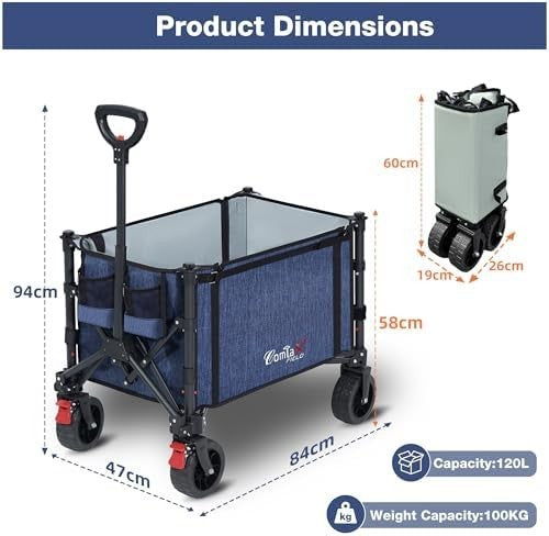 120L Folding Beach Trolley Wagon 100KG Heavy Duty Camping Cart Blue