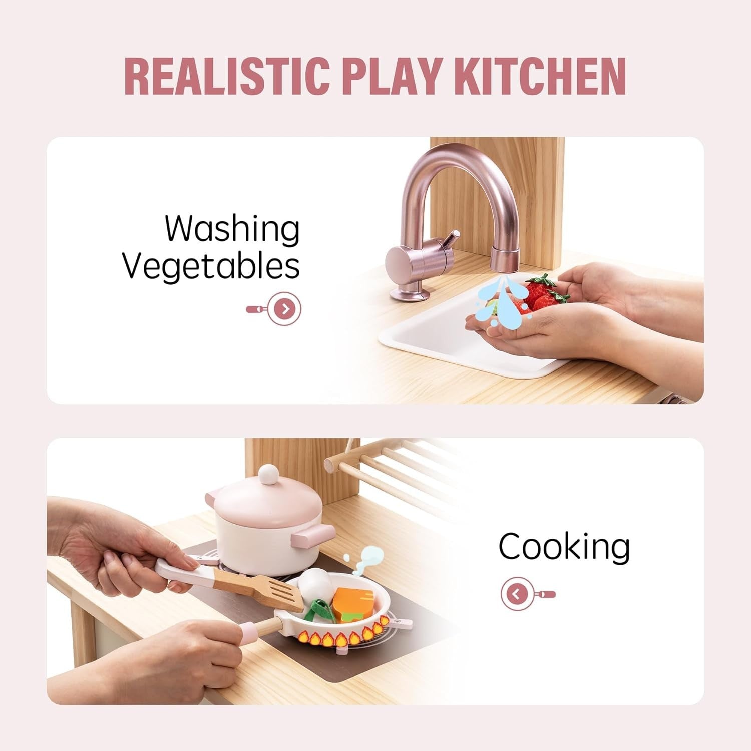 Wooden Kids Play Kitchen Pink w/ Accessories Oven Tea Set Toy