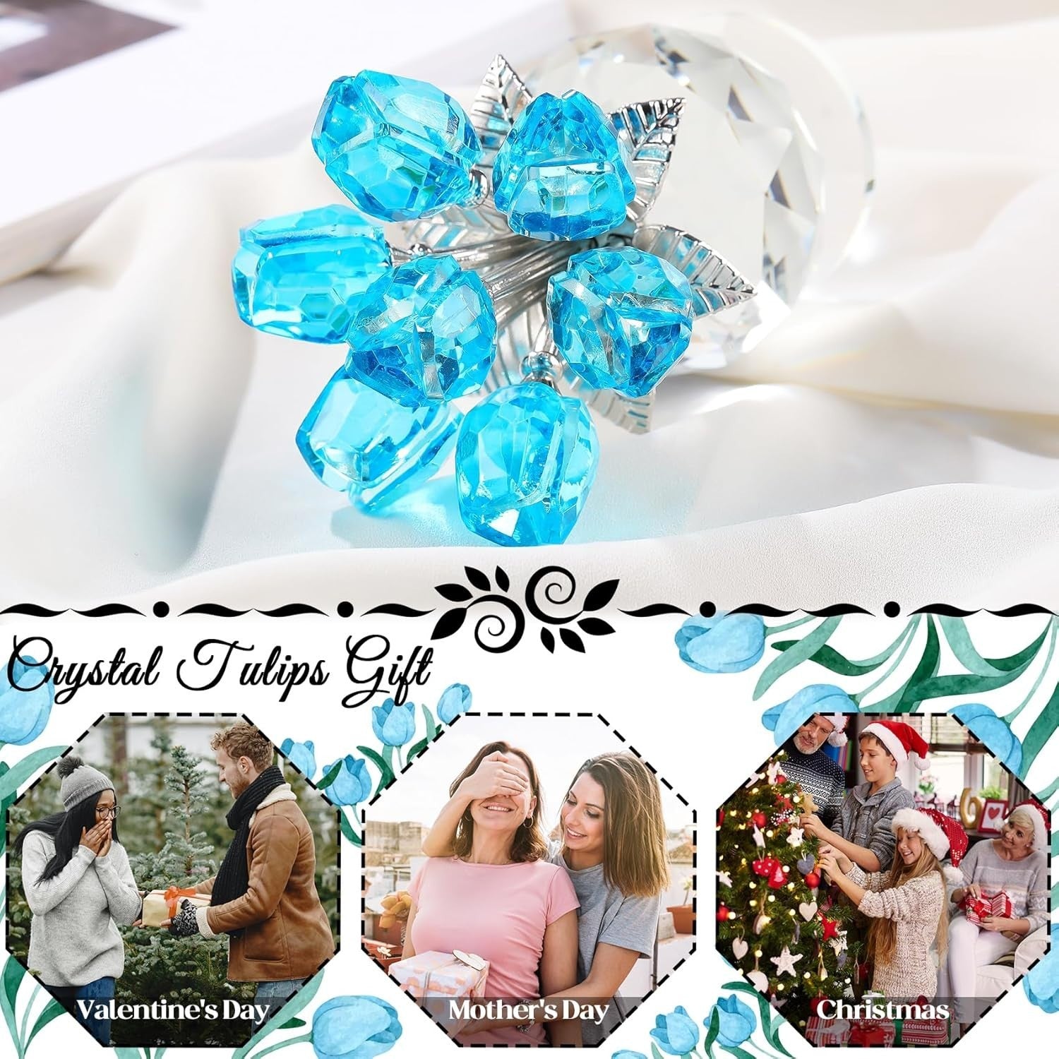 Light Blue Crystal Tulip Flowers Ornament – Luxury Glass Bouquet Gift for Her