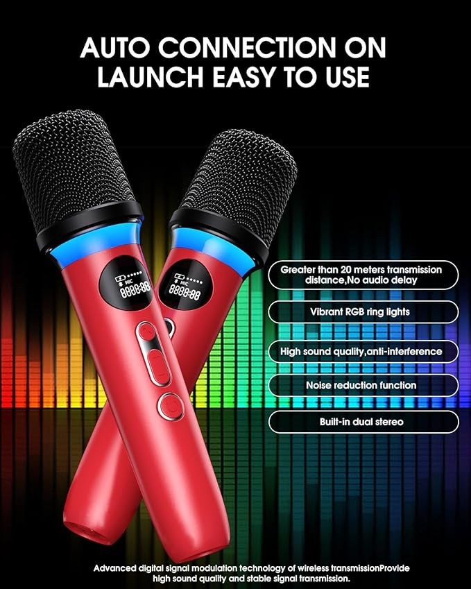 60W Portable Karaoke Machine with 2 Wireless Mics & LED Party Lights