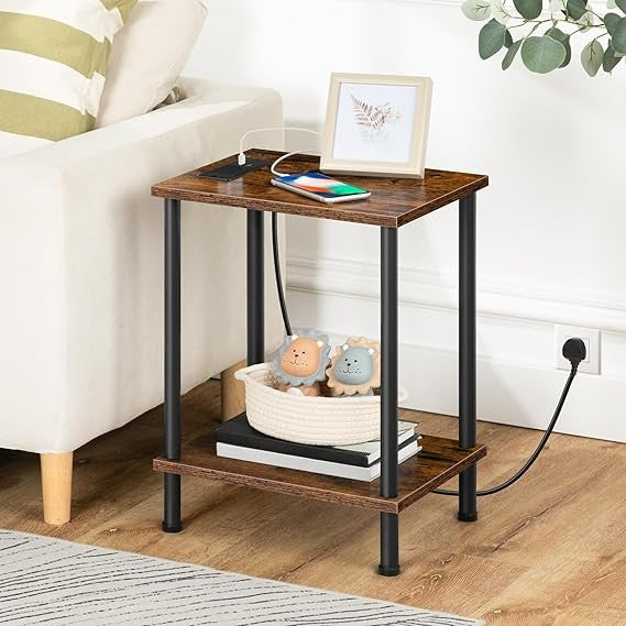 Narrow Bedside Table with Charging Station & Shelves, Rustic Small Side Table