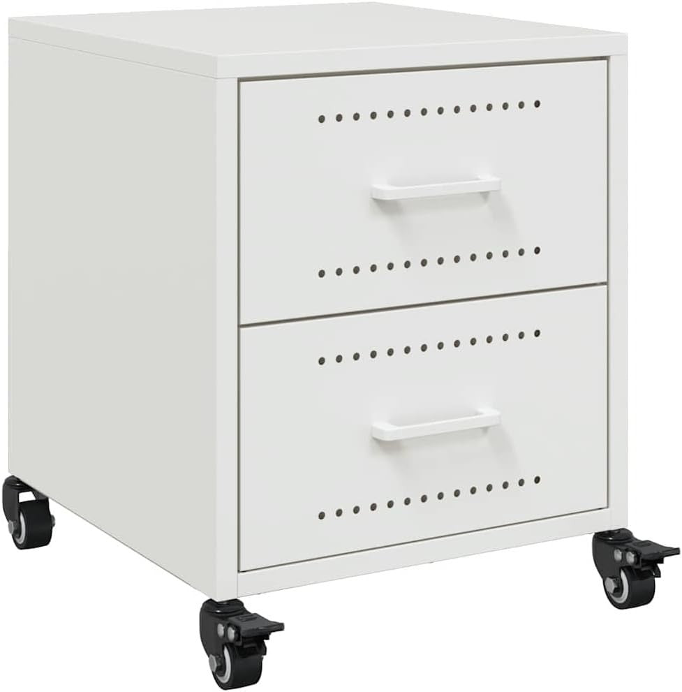 Set of 2 White Metal Bedside Tables with Wheels | Modern Rolling Nightstands