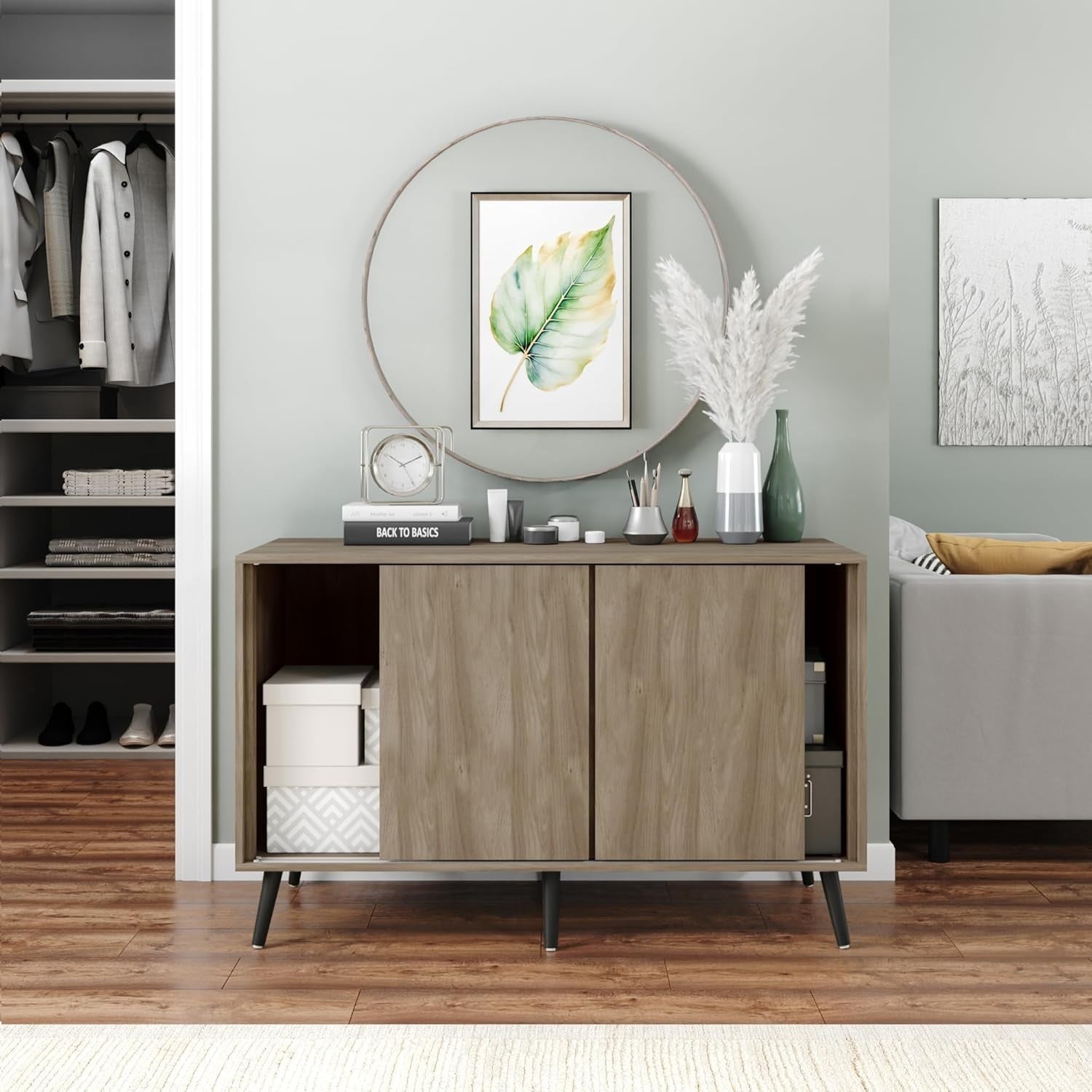 Modern Oak Sideboard Cabinet – 3-Door Storage Unit with Black Legs