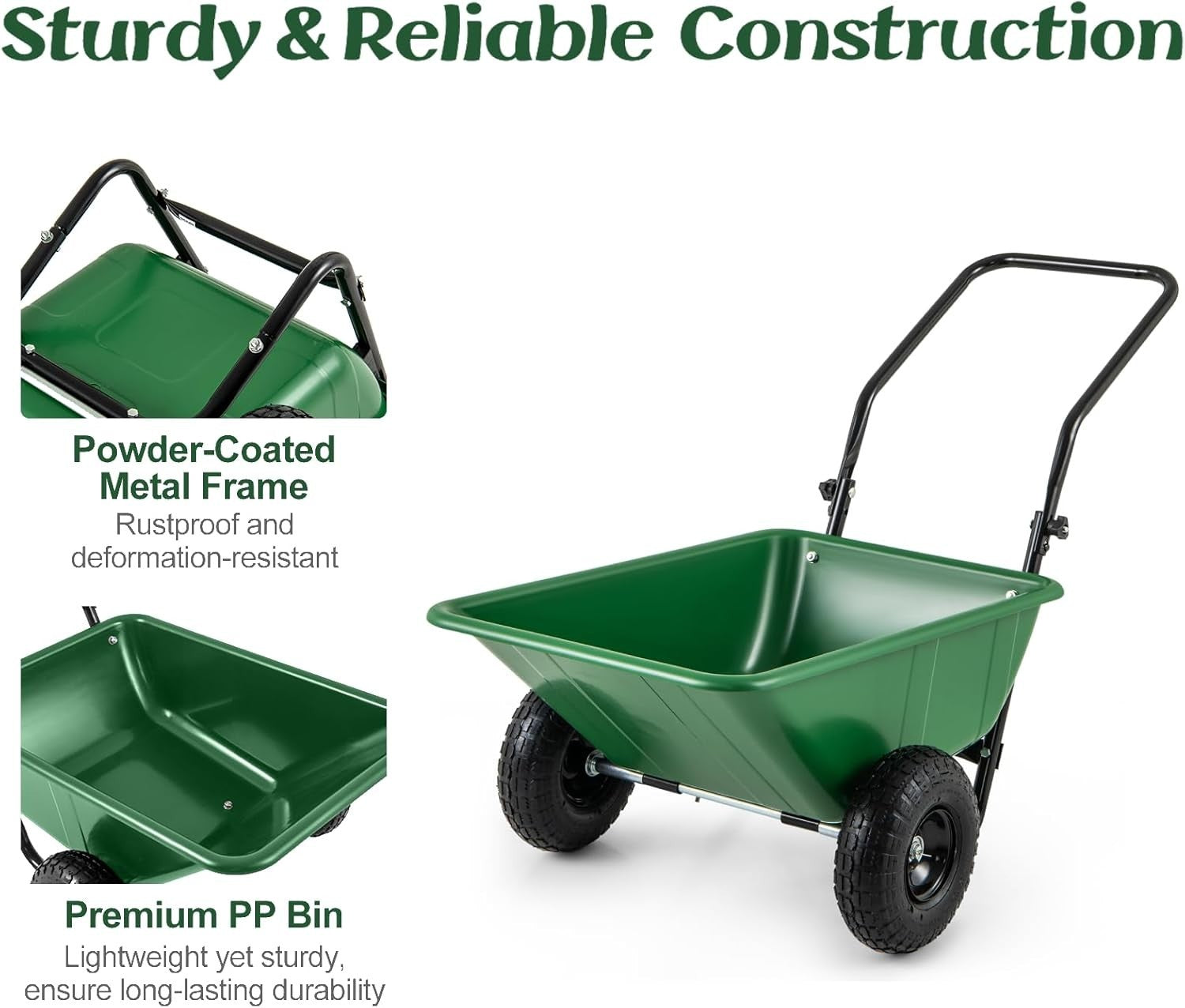 80L 2-Wheel Garden Wheelbarrow & Green Heavy Duty Cart w/ 100kg Load Capacity