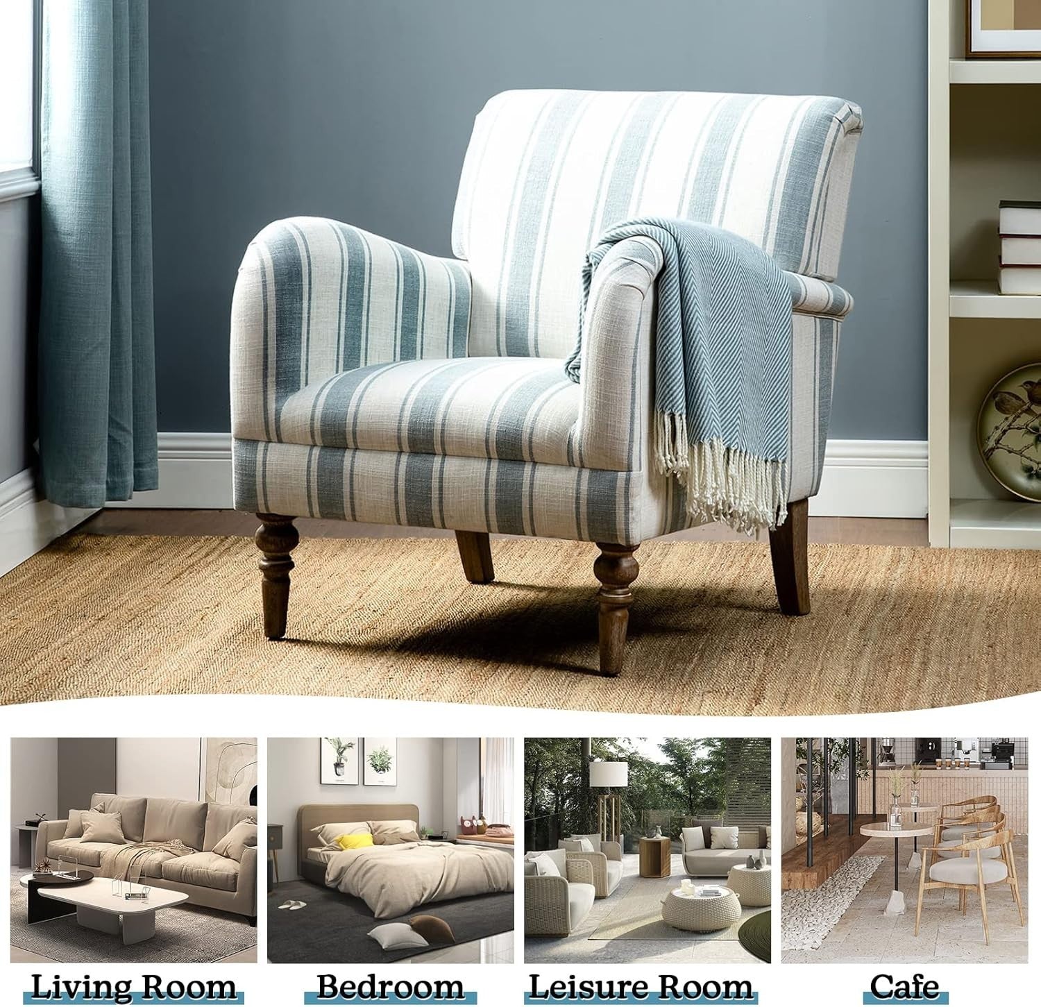 2 Striped Upholstered Armchair with Wooden Legs for Lounge or Bedroom Blue