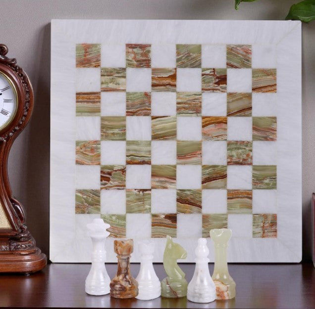 Luxury 10x10” Marble Chess Set White & Onyx Green – Handmade Stone Board