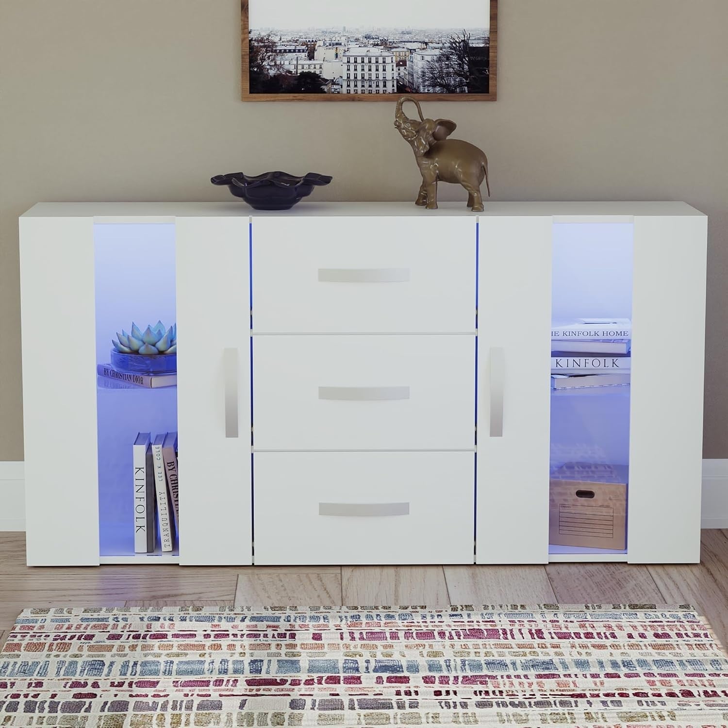 White LED Sideboard Cabinet RGB Lights 2 Door 3 Drawer Storage Unit**
