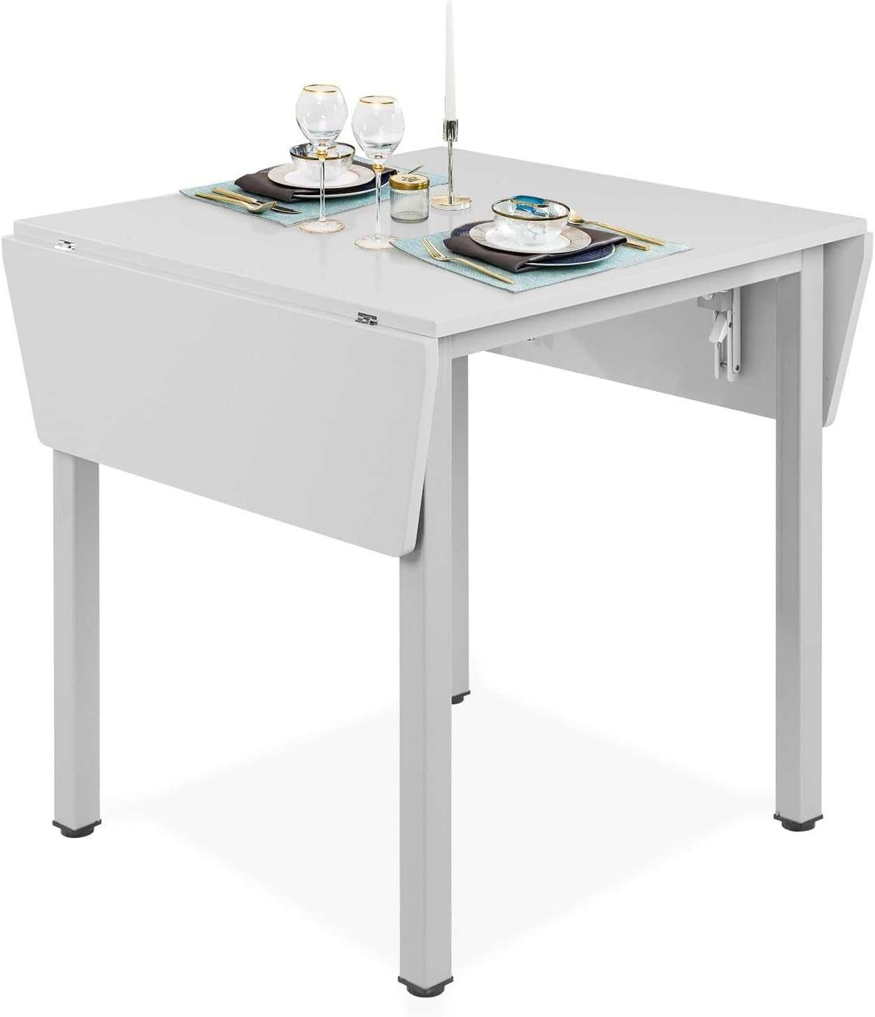 Space-Saving Drop Leaf Dining Table & 4 Grey PU Leather Chairs for Small Rooms